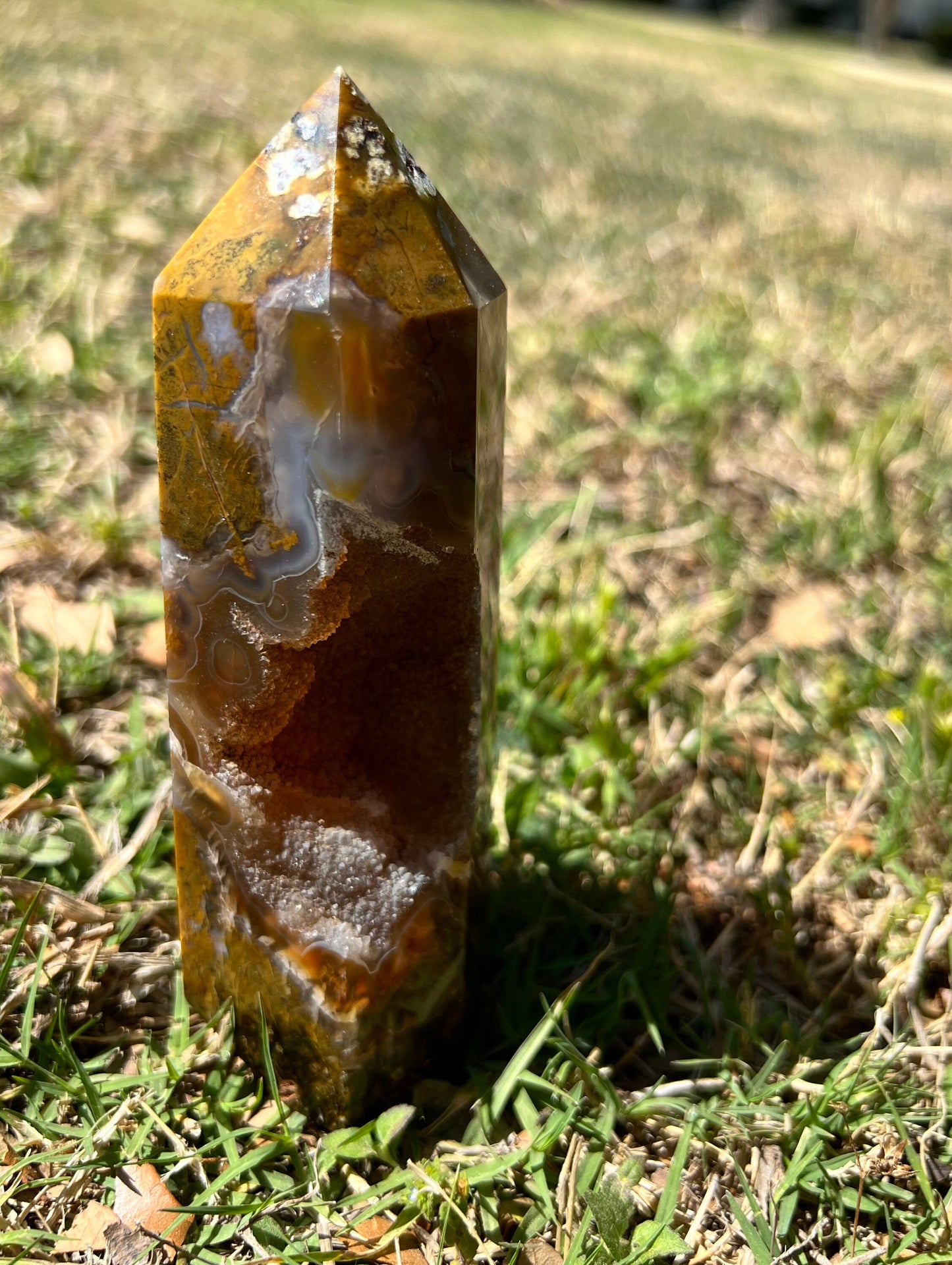 Tan and Milky Ghost Agate Tower with Druzy