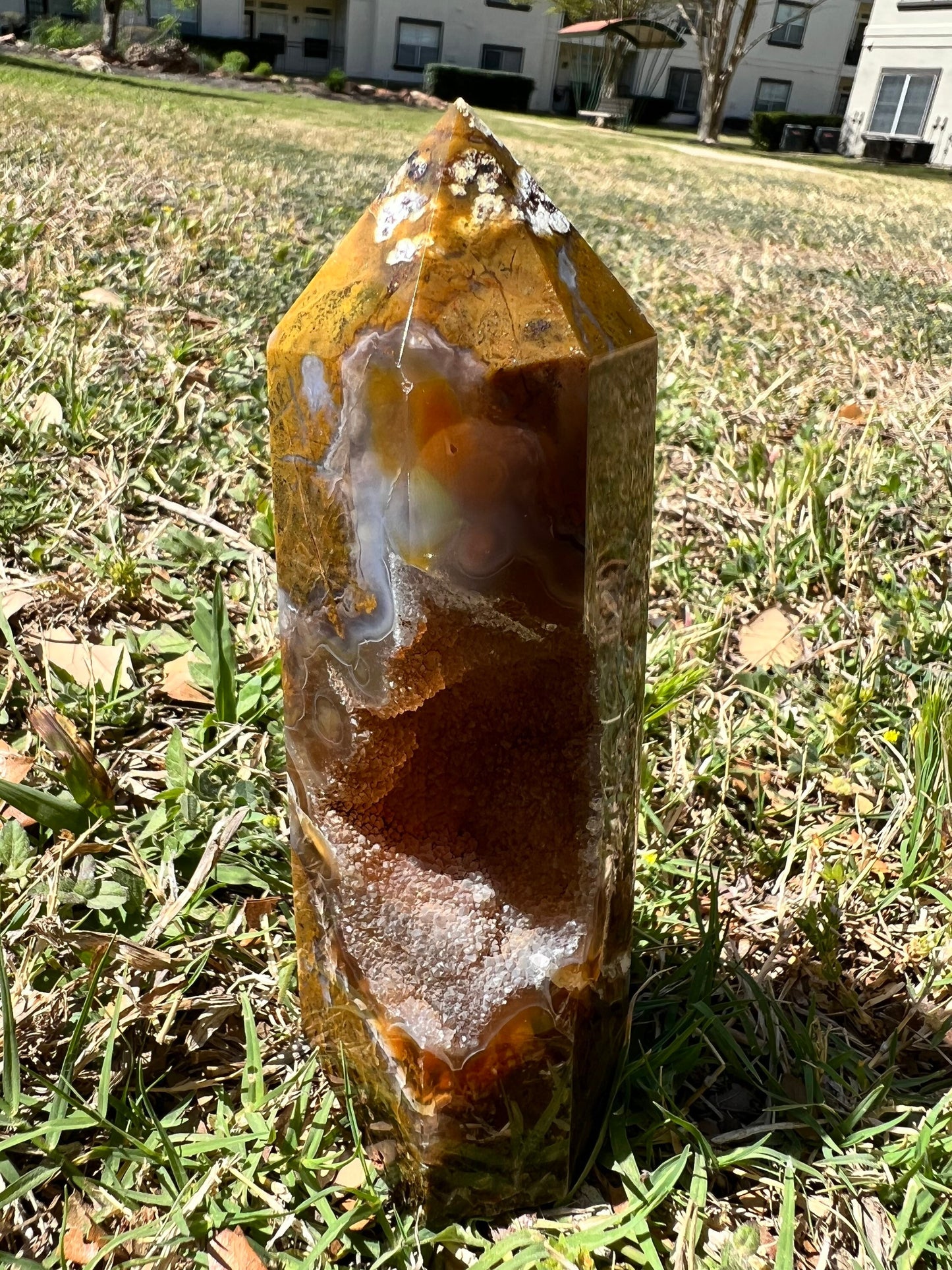 Tan and Milky Ghost Agate Tower with Druzy