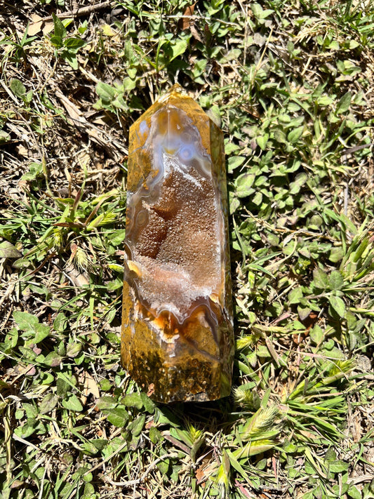 Tan and Milky Ghost Agate Tower with Druzy